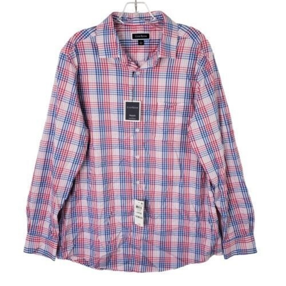 Club Room Mens Medium LS Tech‎ Wovens Stretch Performance Plaid Shirt Pink Combo